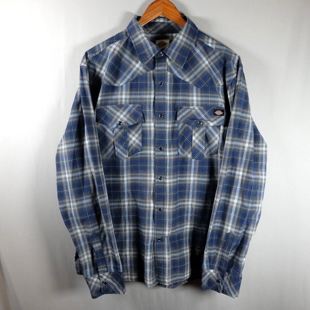 Dickies Western Shirt Mens Large Blue White Plaid Long Sleeve Pearl Snap Button